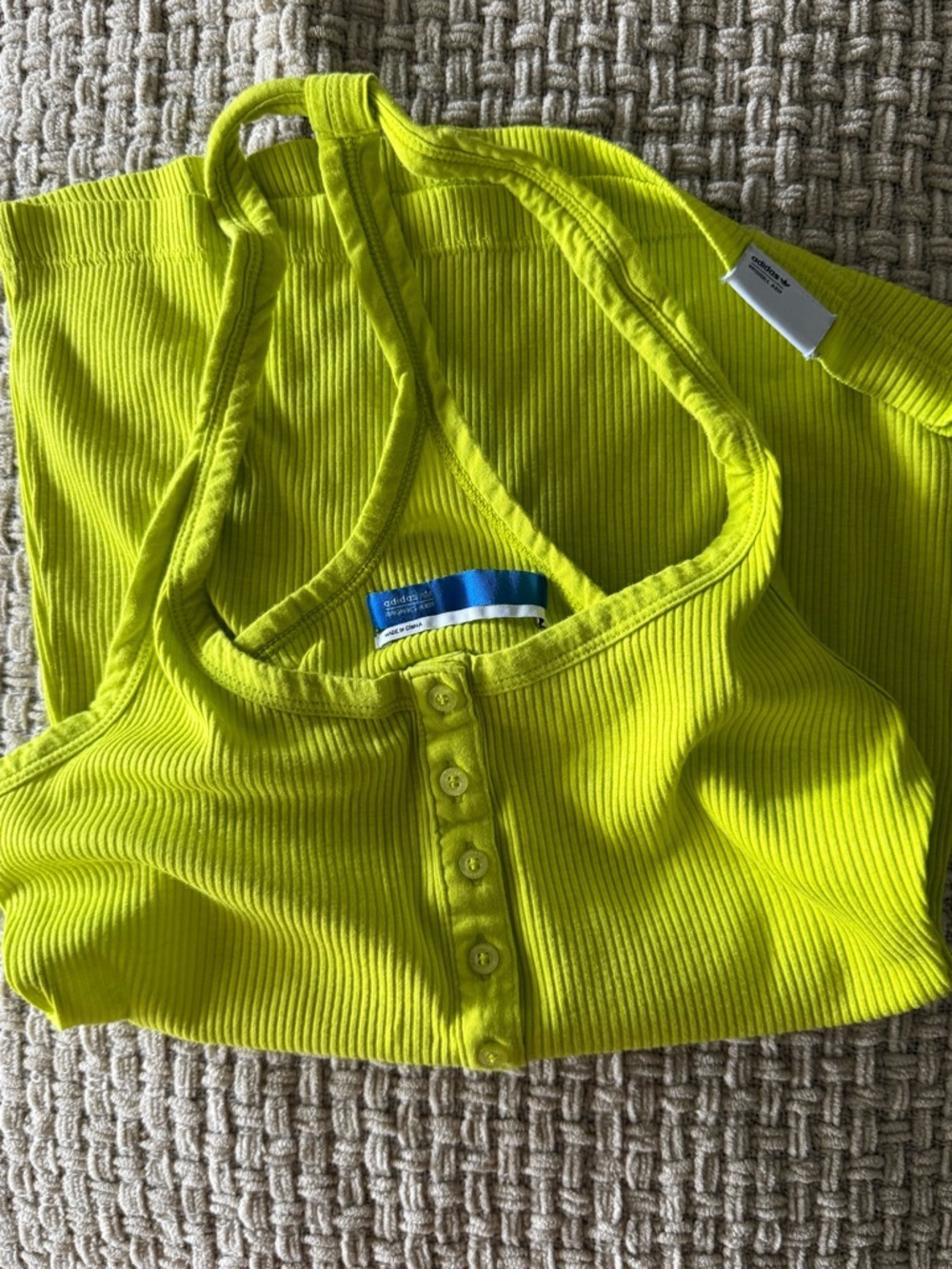 adidas Neon Yellow Ribbed Crop Tank with Logo Tag